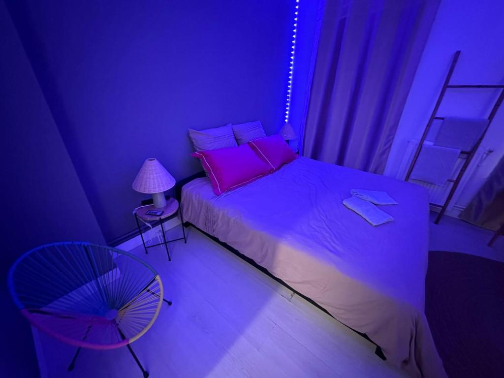 a bedroom with a bed with pink pillows and a lamp at Guest Room avec SDB privée près de Paris, Roissy CDG et du village Olympique in Persan