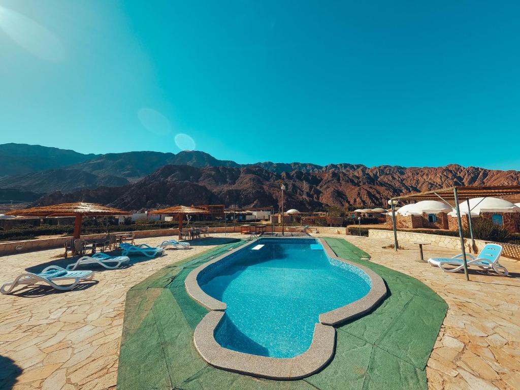 a swimming pool with chairs and mountains in the background at Safari Beach Nuweiba in Nuweiba