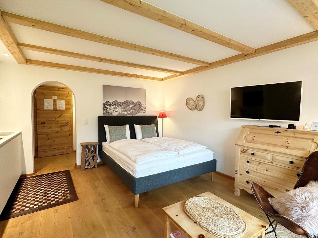 Schlafzimmer mit einem Bett und einem Flachbild-TV in der Unterkunft Natur, Erholung, moderne 35m2 für 2P mit Auto PP - SP19 in Pontresina