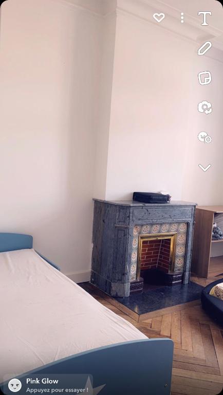 a fireplace in the corner of a room at Location chambre long et court séjour in Saint-Étienne