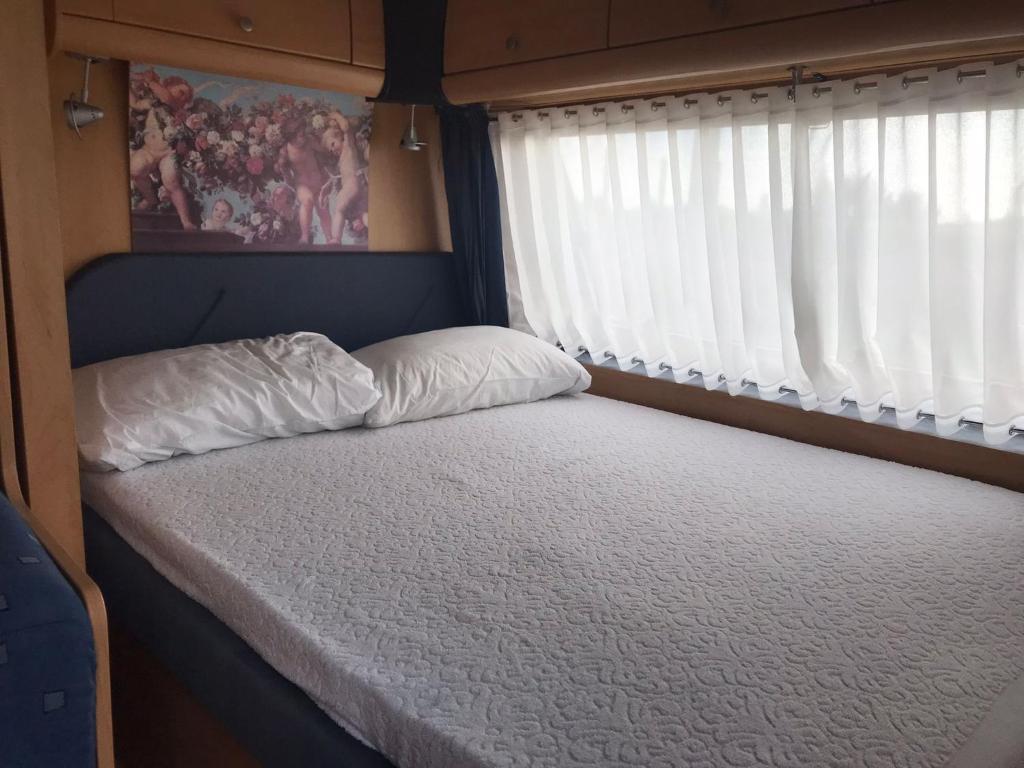 ein kleines Bett in einem Zimmer mit Fenster in der Unterkunft Agri Camping italiano - Eucalyptus in Shënkoll