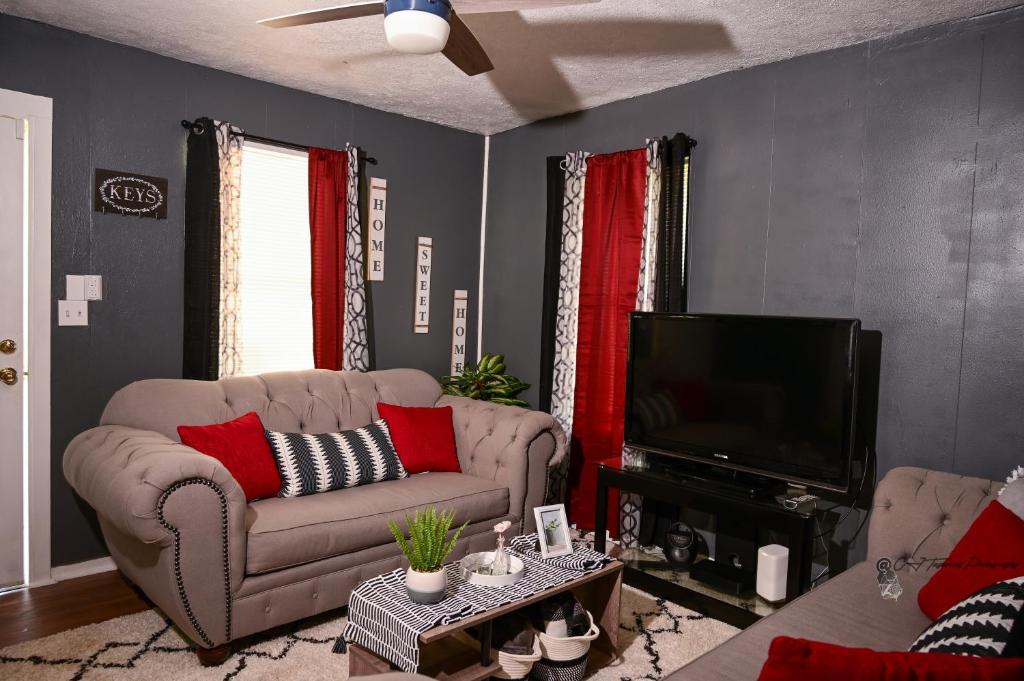 a living room with a couch and a television at Couple Getaway 5 mins from Downtown in Knoxville