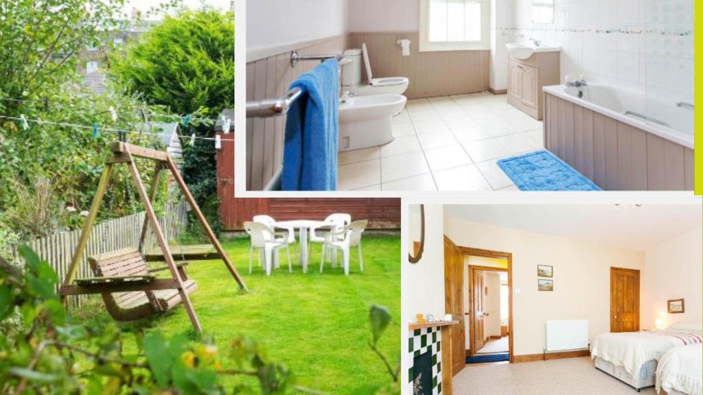 a collage of pictures of a bathroom and a bedroom at Fishermen Cottage - 5 star location- 90sq garden -2 living room- 2 bath room -pets friendly -comfortably sleep 5-6 people -50 percent off monthly -self check in in Deal