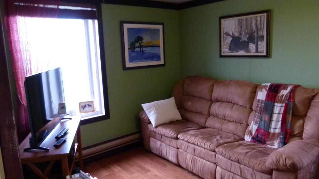 a living room with a couch and a television at La Maison entre Mer Montagnes in Cap-Chat