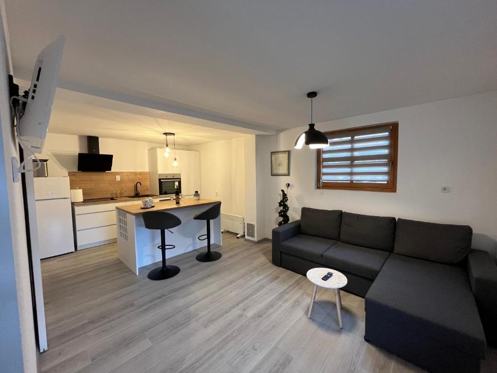 ein Wohnzimmer mit einem schwarzen Sofa und einer Küche in der Unterkunft Studio apartman Kod Ruže in Tuhelj