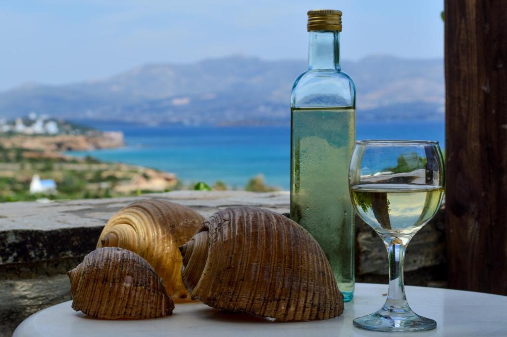 a glass of white wine next to a bottle and shells at Villa Peristeri in Agios Georgios