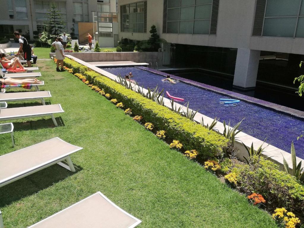 a backyard with a swimming pool and flowers at Condominio Premium al Lado de la Plaza Antara Polanco Carso in Mexico City