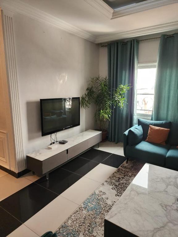 ein Wohnzimmer mit einem Flachbild-TV und einem Sofa in der Unterkunft appartement nid in Brazzaville