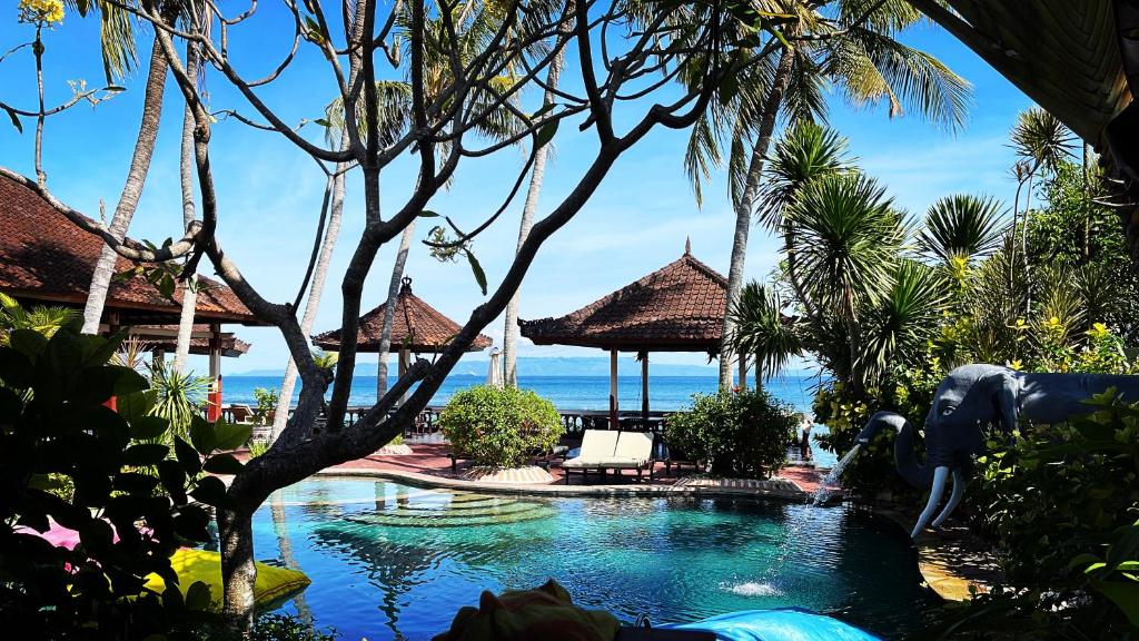 ein Pool in einem Resort mit dem Meer im Hintergrund in der Unterkunft Pondok Bambu Resort - 5 Stars Padi Dive Centre in Candidasa