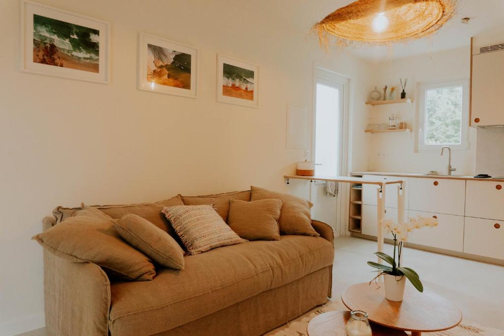 ein Wohnzimmer mit einem braunen Sofa und einer Küche in der Unterkunft Studio Palmito in Bidart