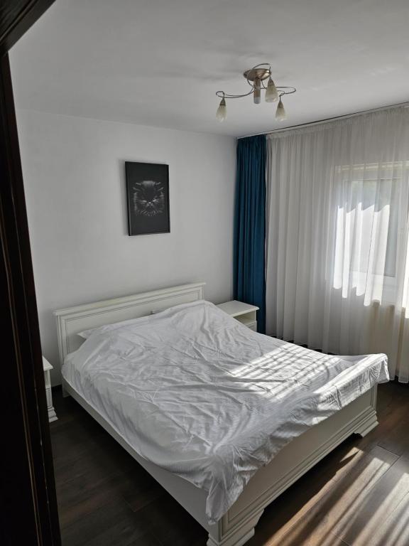 a bedroom with a white bed and a window at Apartament Rebeca Central in Târgu Jiu