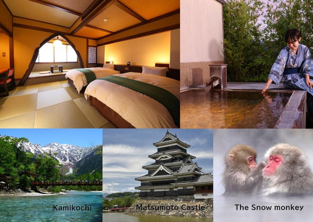 a collage of pictures of a hotel room with a monkey at Hotel Tamanoyu in Matsumoto