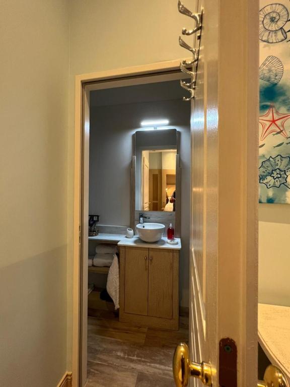 a bathroom with a sink and a mirror at Mes à Moi in Pezenas - Studio &amp; patio privatif - O Pitchoun in Pézenas