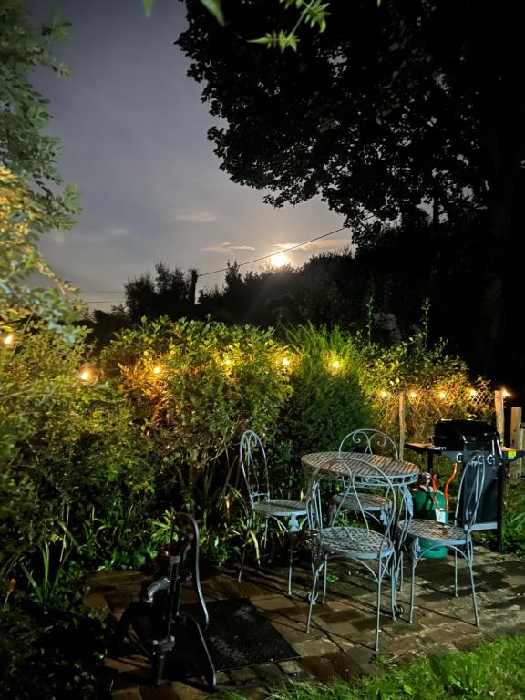 una mesa y sillas en un jardín por la noche en The Snug at Littledown, en Lewes