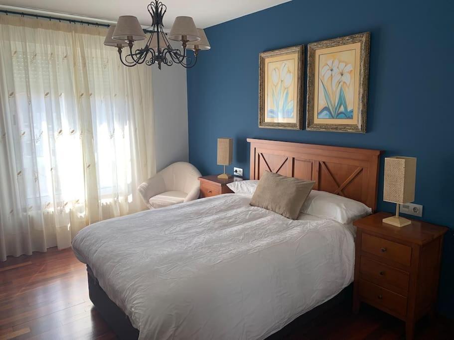 a bedroom with a bed and a blue wall at Piso de la pala in Cambados