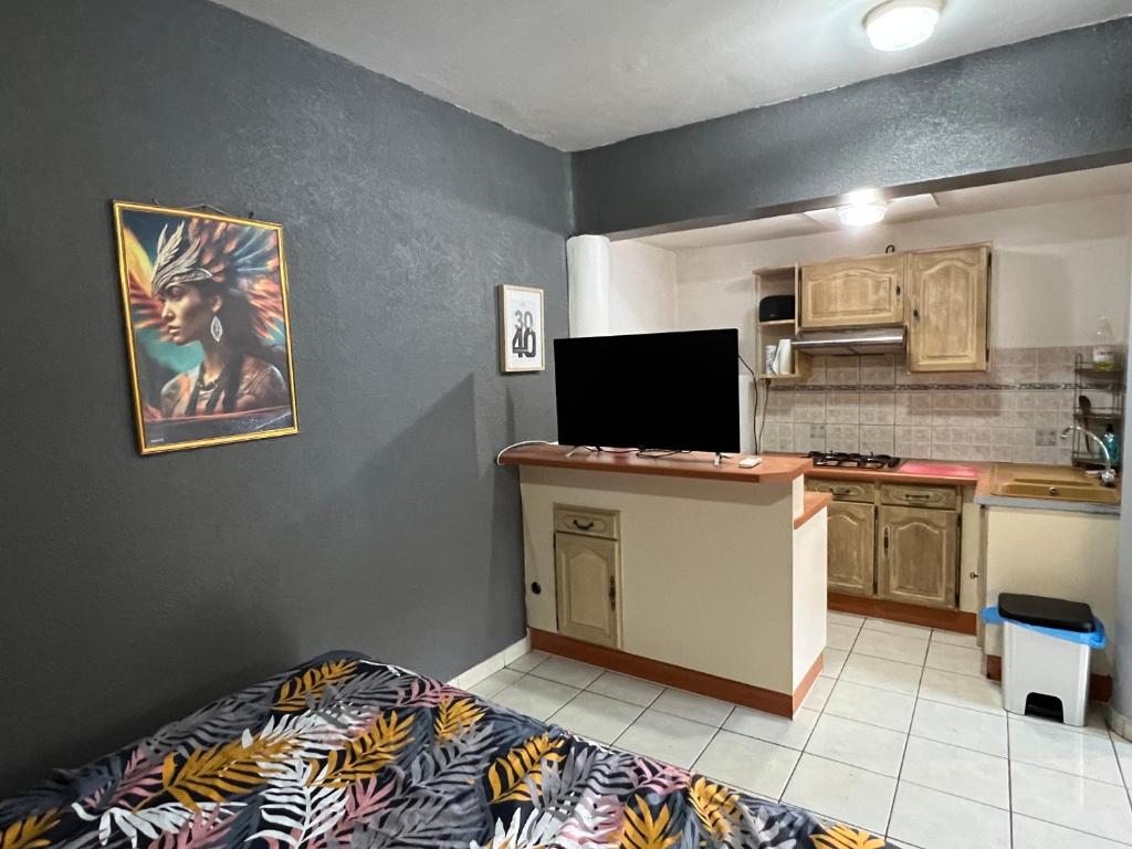 een kamer met een keuken en een bed. bij Studio proche centre ville Papeete in Papeete