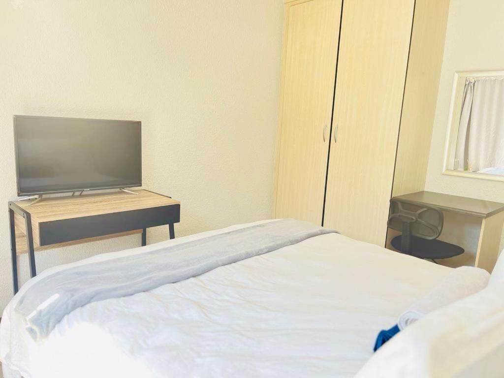 a bedroom with a bed and a tv on a table at Comfy 1 bedroom apartment in Pretoria