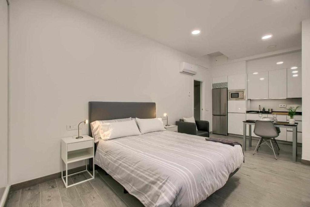 a bedroom with a large bed and a kitchen at RiNa MADRID apartamento1 in Madrid