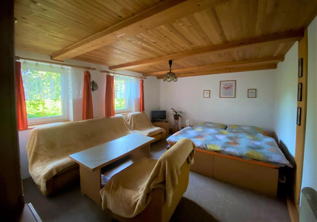 a bedroom with a bed and a table and a couch at Chata Eliška in Příkrý