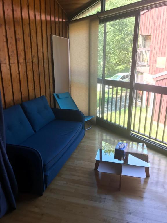 ein Wohnzimmer mit einem blauen Sofa und einem Tisch in der Unterkunft Appartement chalet in Montferrier