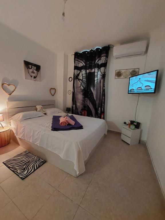a bedroom with a bed and a flat screen tv at Anastasia1 apartments in Thessaloniki