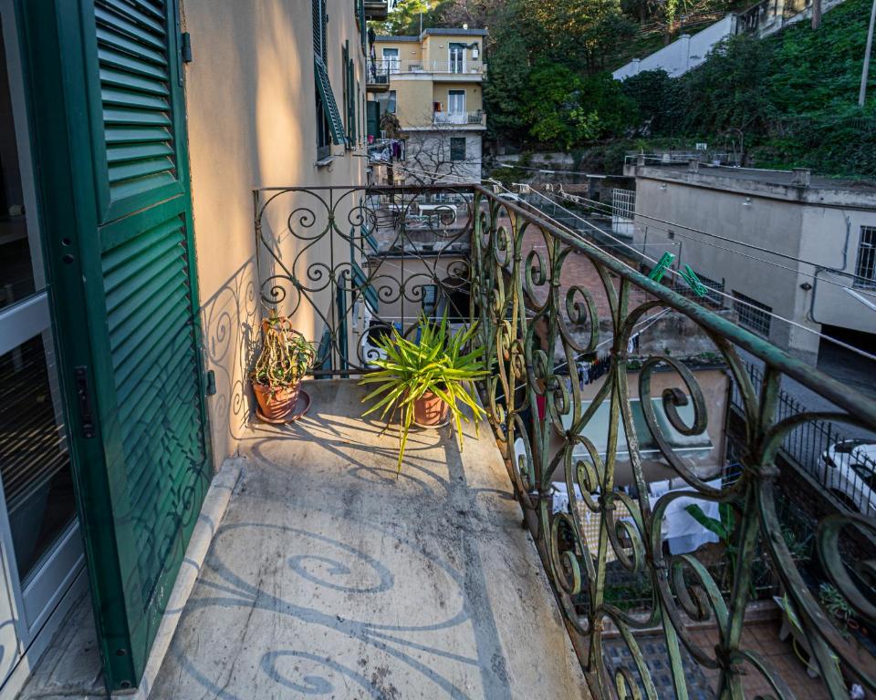 balkon z doniczkami i zielonymi drzwiami w obiekcie Appartamento Genova,400m dal San Martino w Genui