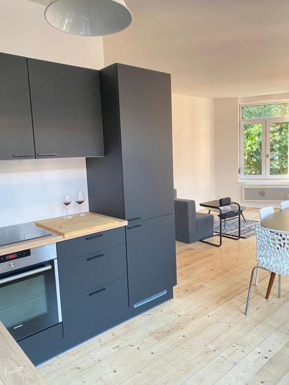 a kitchen with blue cabinets and a living room at T3 lumineux en plein coeur de Moulins in Lille