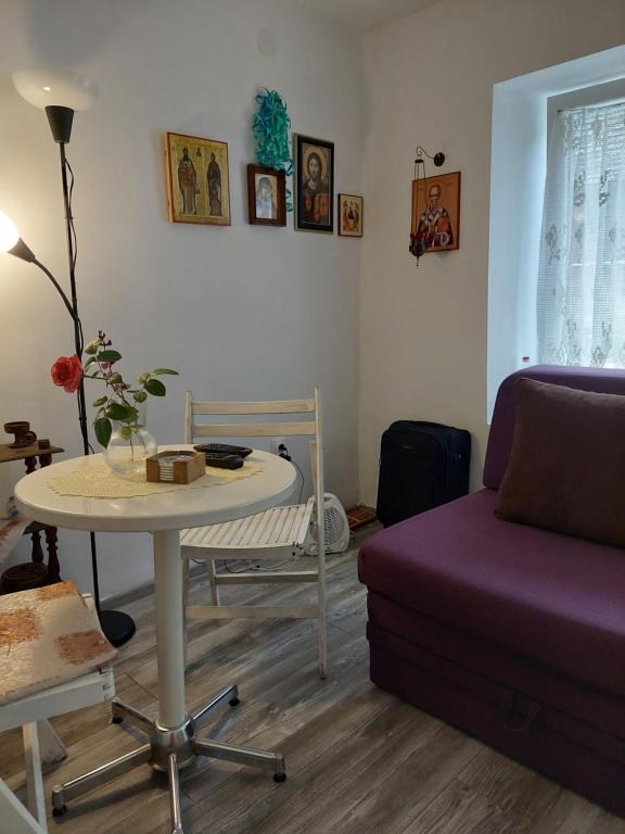uma sala de estar com uma mesa e um sofá em Apartman Rajac em Takovo