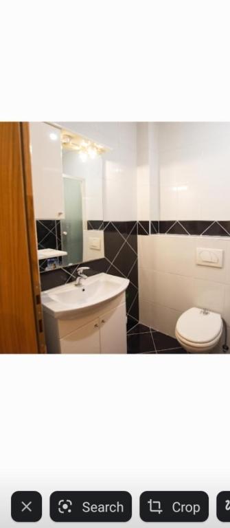 een badkamer met een wastafel, een toilet en een spiegel bij MEJ in Sarajevo