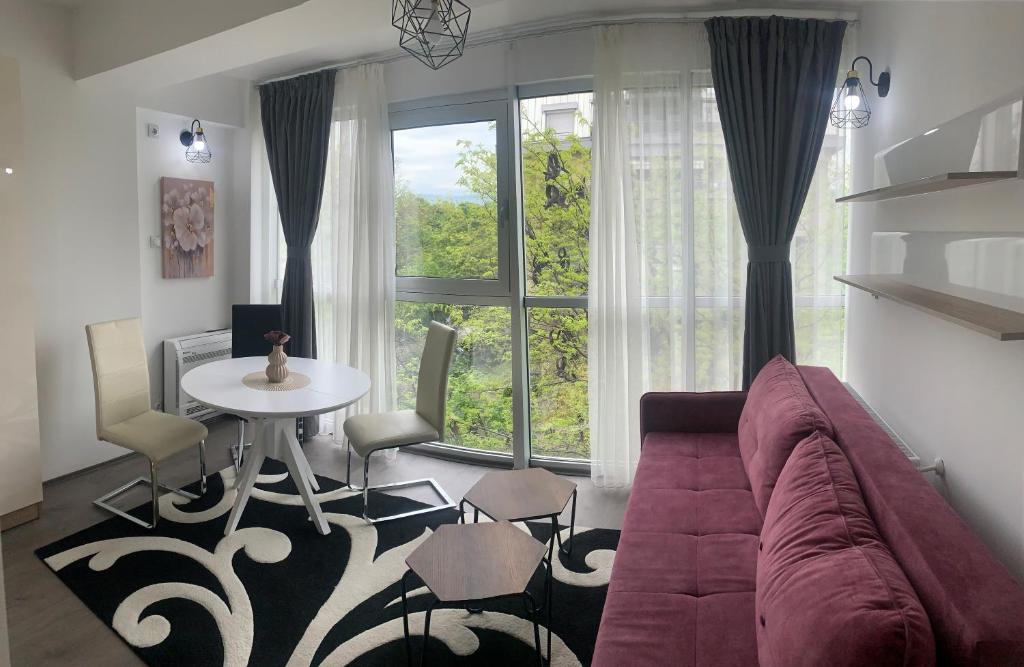 ein Wohnzimmer mit einem Sofa, einem Tisch und einem Fenster in der Unterkunft Cozy apartment in Skopje at perfect location in Skopje