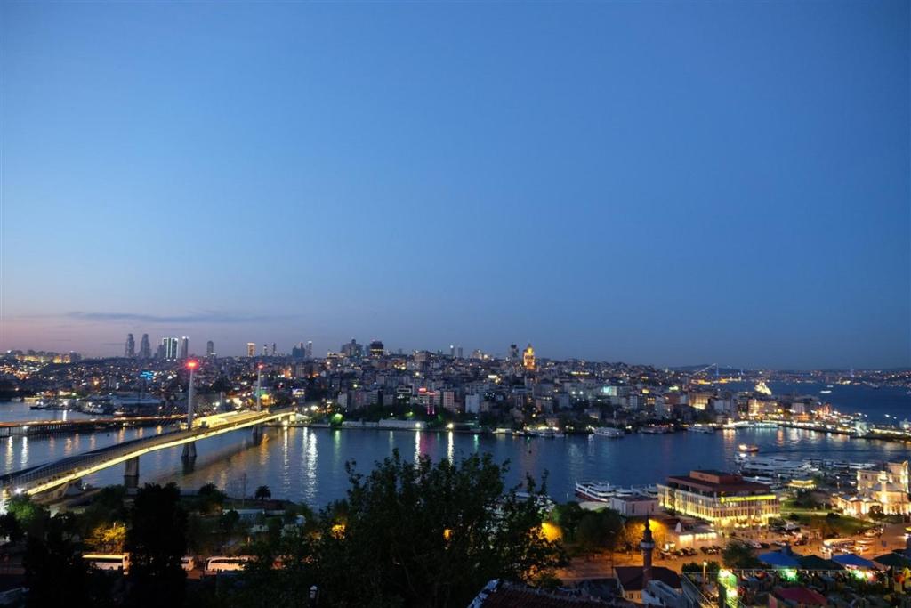 Golden Horn Park Hotel في إسطنبول: اطلالة على مدينة بها نهر في الليل