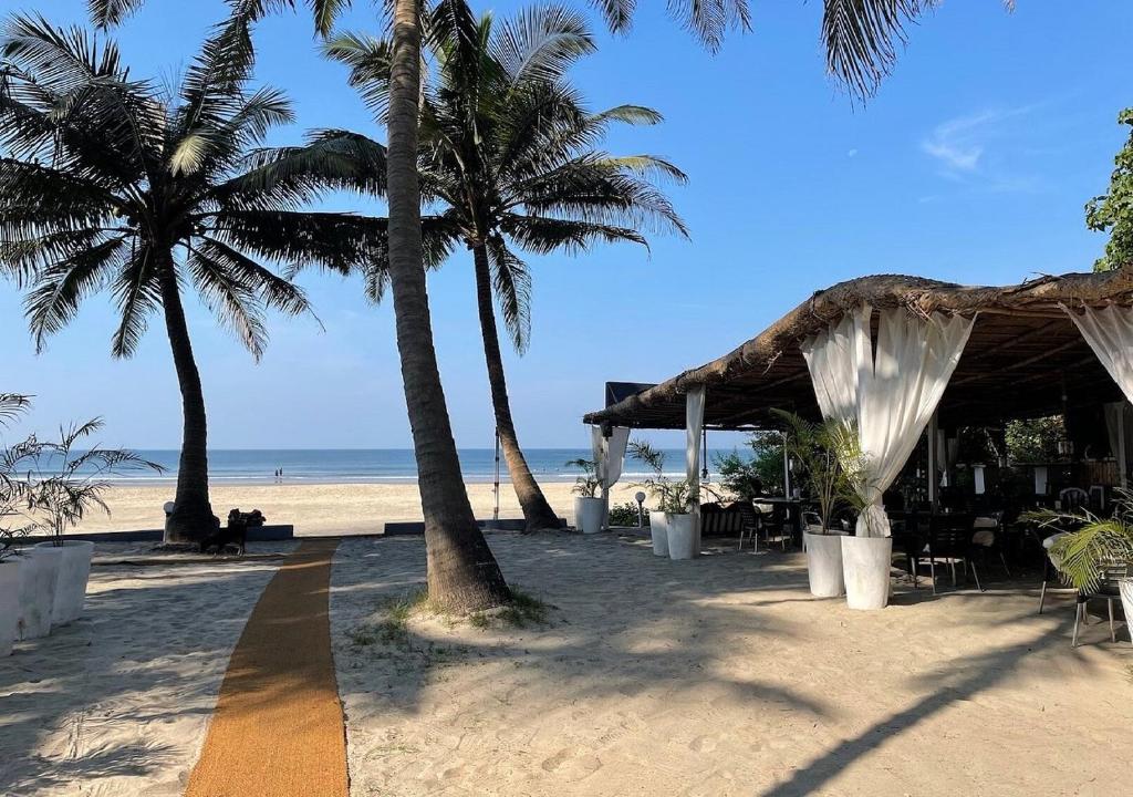 a beach with palm trees and a beach with a marquee at Mamagoa Beach Resort in Mandrem