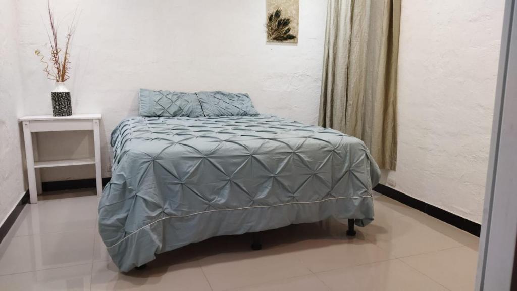 Bett mit grauer Bettdecke in einem Zimmer in der Unterkunft Casa Xuan in San Juan La Laguna