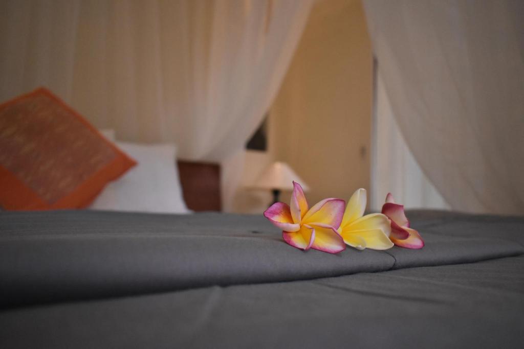 twee bloemen op een bed bij Umah Ubud B&B in Ubud