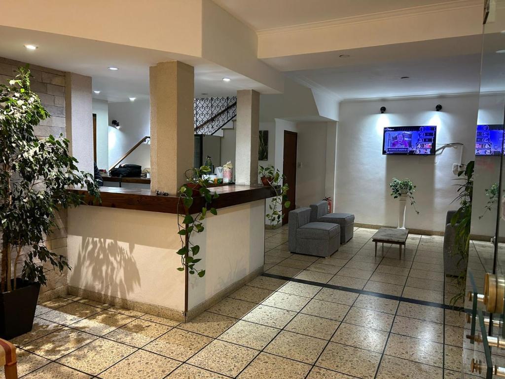 un vestíbulo con una zona de espera con plantas en Hotel Hanna en Mar del Plata