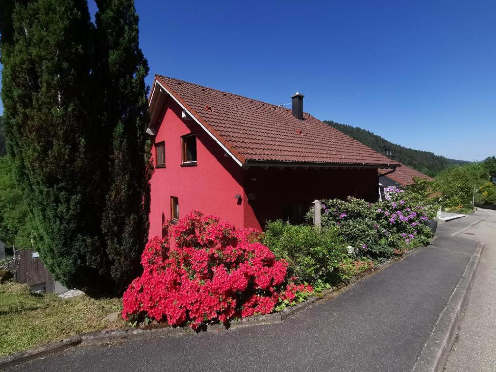 a red house with flowers in front of a road at Ferienwohnung Am Rubersbach in Hornberg