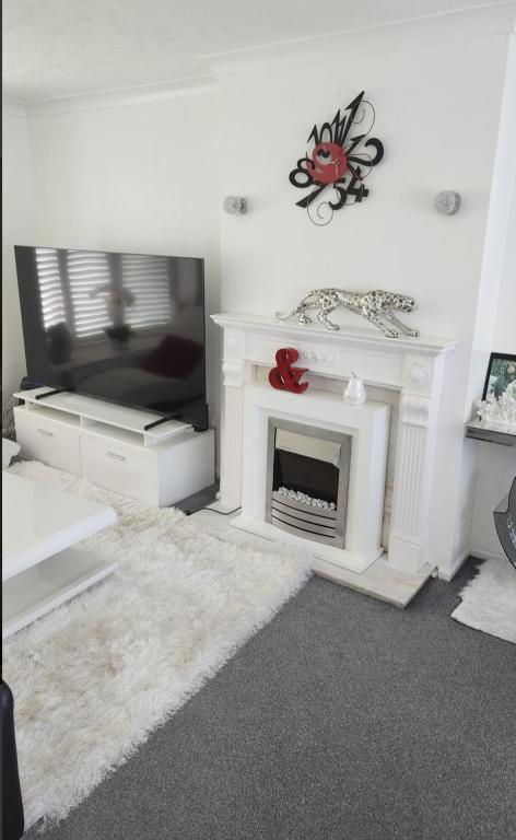 uma sala de estar com lareira e televisão em Deluxe room em Basildon