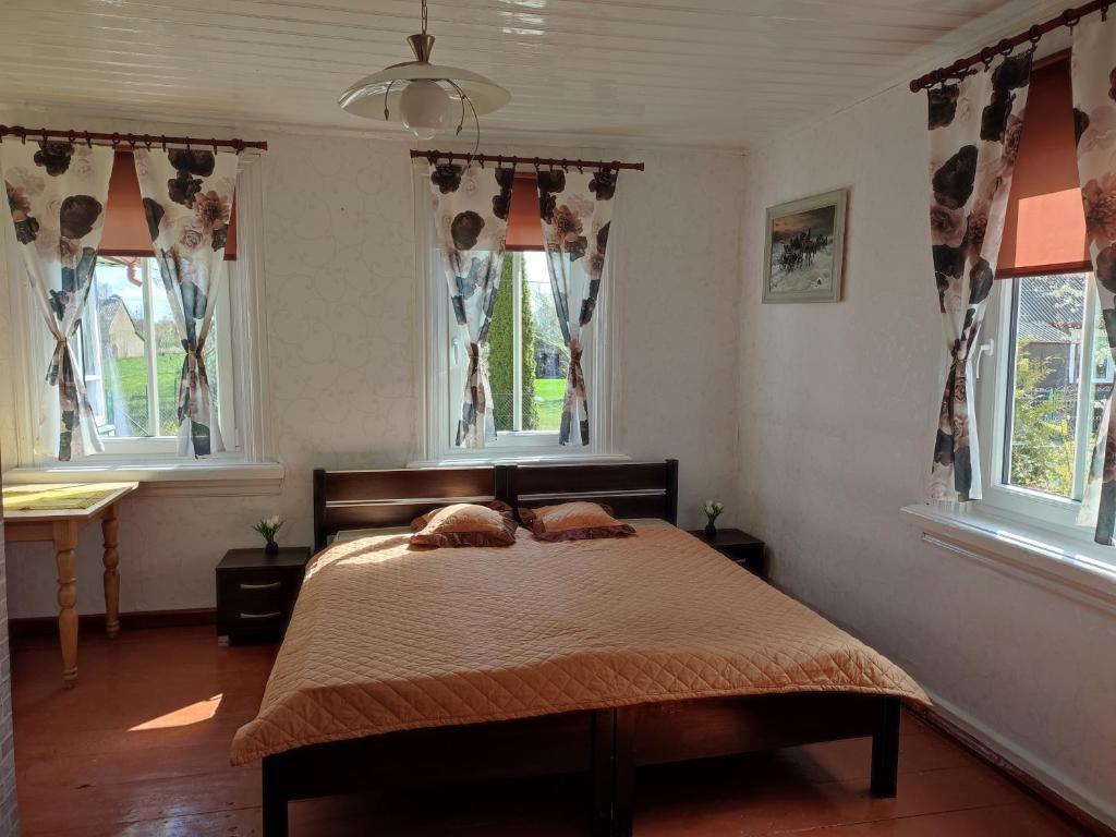 1 dormitorio con 1 cama en una habitación con ventanas en Zielony Domek 