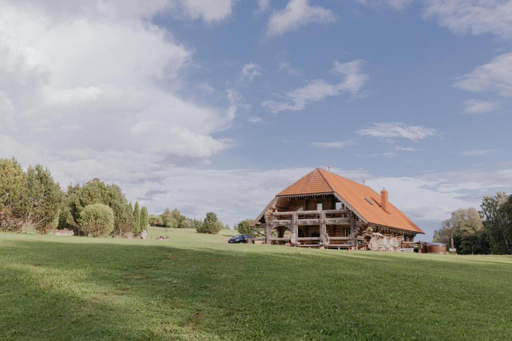 uma cabina de madeira num campo com um campo verde em Viesu nams “Kalna Raskumi” em Vecpiebalga