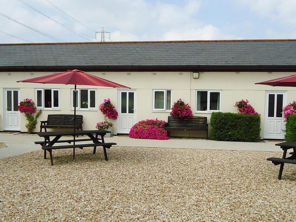 a building with two benches and a table with an umbrella at Rose Cottage in Winterborne Steepleton