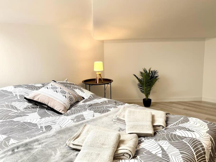een slaapkamer met een bed met handdoeken erop bij LeNew 3 - Centre-ville - TV - WIFI in Calais