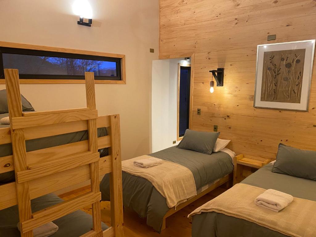 a bedroom with two bunk beds and a ladder at Piedra Nevada in Malalcahuello