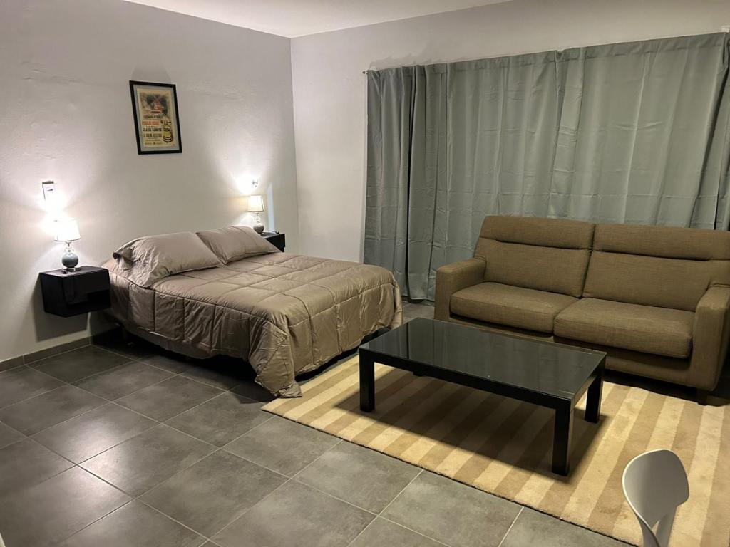 a bedroom with a bed and a couch and a coffee table at Monoambiente amoblado in Corrientes