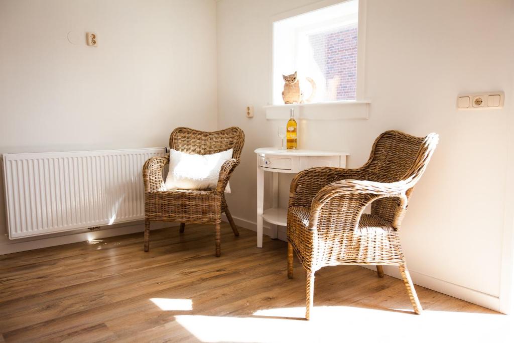 una habitación con dos sillas y una mesa con un gato. en Bed And Breakfast Geertruidahoeve, en Hellendoorn