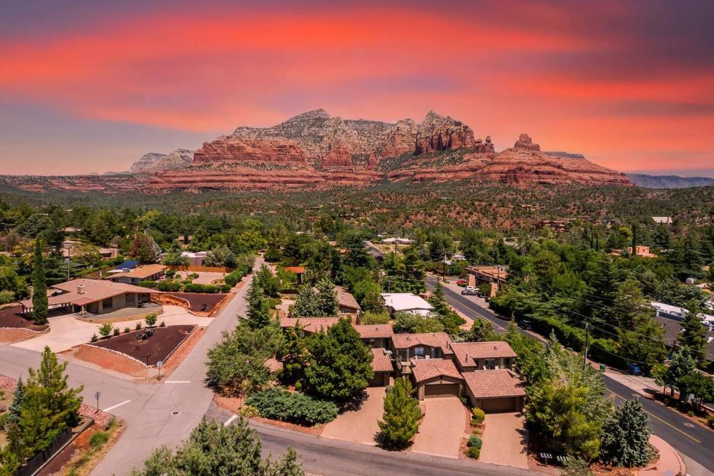 an aerial view of a town with mountains in the background at Uptown Sedona Gem: 3-Bed Townhome with Majestic Views and Central Location in Sedona