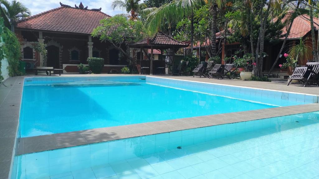 a large blue swimming pool in front of a house at Keyani Bungalows Lovina in Lovina