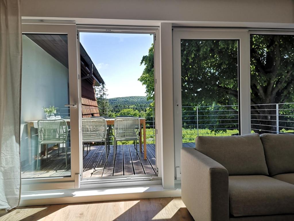 una sala de estar con puertas correderas de cristal que dan a una terraza. en Grüne Oase im Teutoburger Wald en Georgsmarienhütte