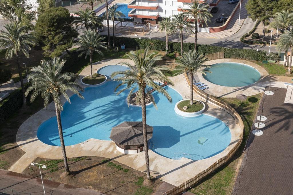 una vista aérea de dos piscinas con palmeras en Florazar 2, Iv-14-C, en Cullera