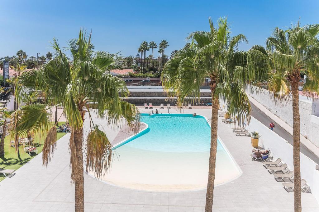 una vista aérea de una piscina con palmeras en Home2Book Stylish Apartment Playa del Inglés, en Maspalomas