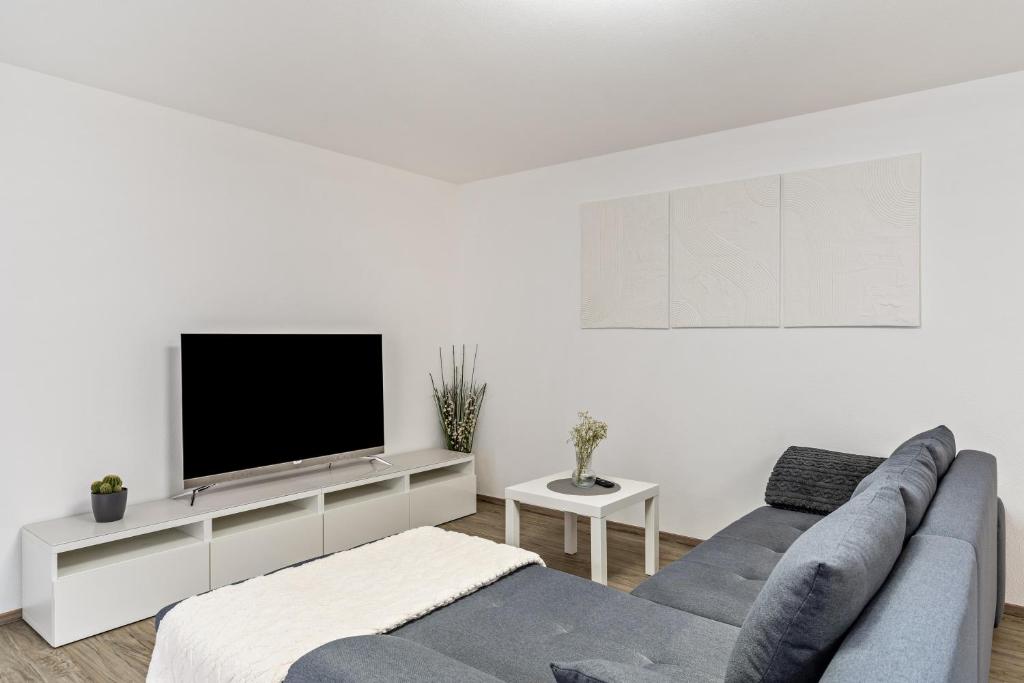 ein Wohnzimmer mit einem Sofa und einem Flachbild-TV in der Unterkunft Casa di Michelle in Ringsheim